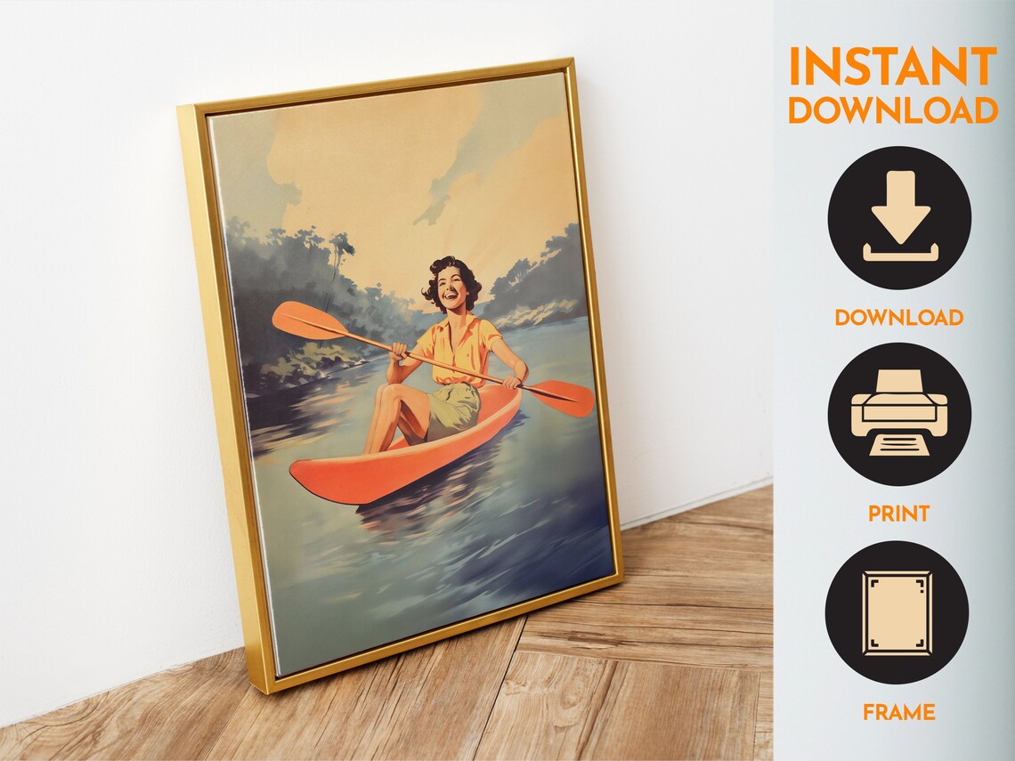 Sunset Kayak Retro Woman Paddling River Vintage Outdoor Adventure Poster - Image 6
