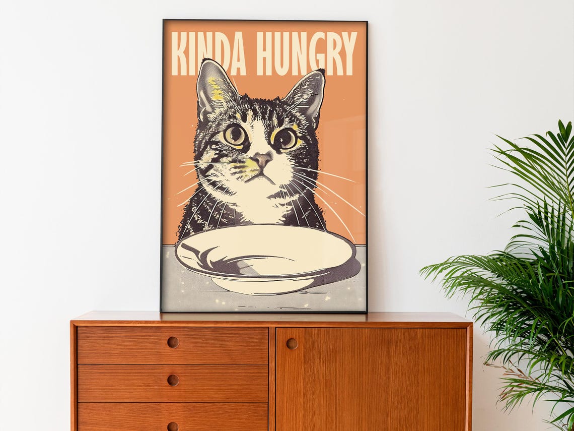 Kinda Hungry Funny Tabby Cat Empty Bowl Retro Orange Kitchen Poster - Image 2