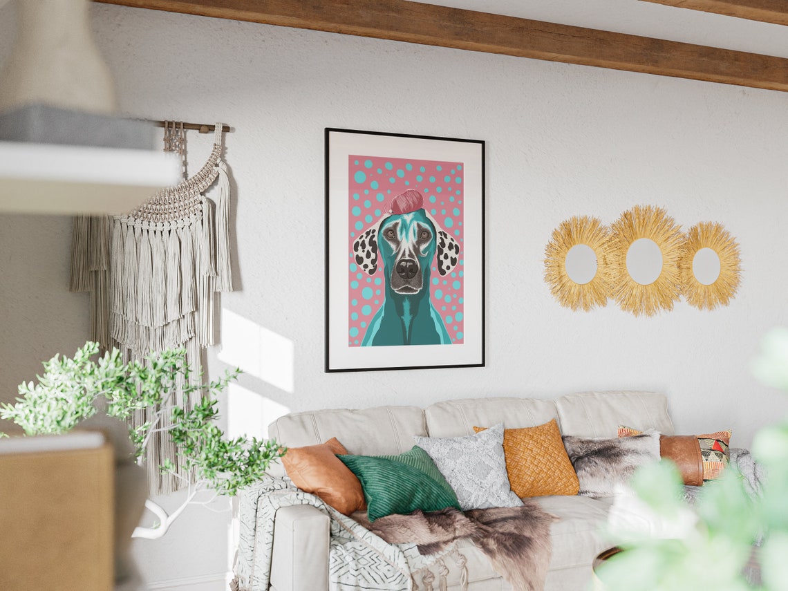 Funky Retro Dog Print Puppy Colorful Bathroom Wall Art Dalmatian Dog Art Print Funny Toilet Dog Art Maximalist Wall Art Pink Blue - Image 2