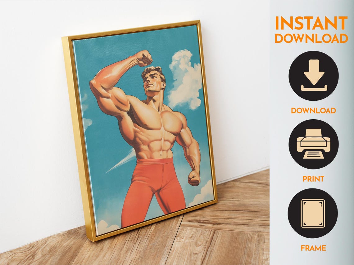 Retro Bodybuilder Man Flexing Biceps Vintage Muscle Gym Art Poster - Image 4
