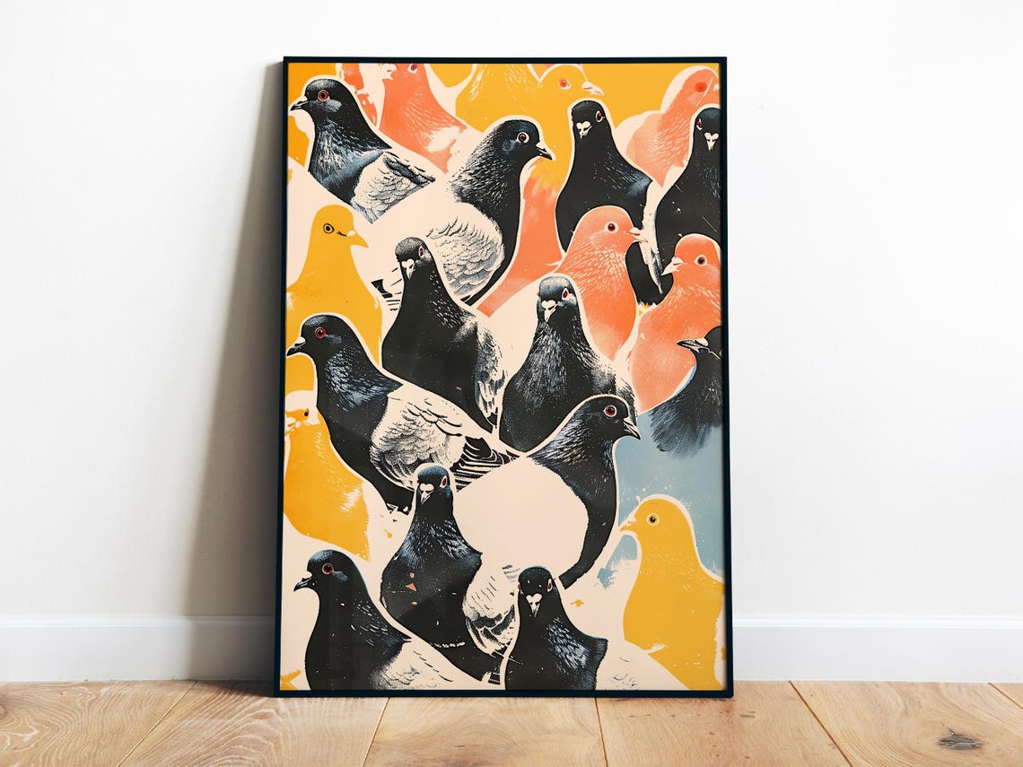 Colorful Pigeon Flock Pop Art Bird Pattern Modern Wall Poster