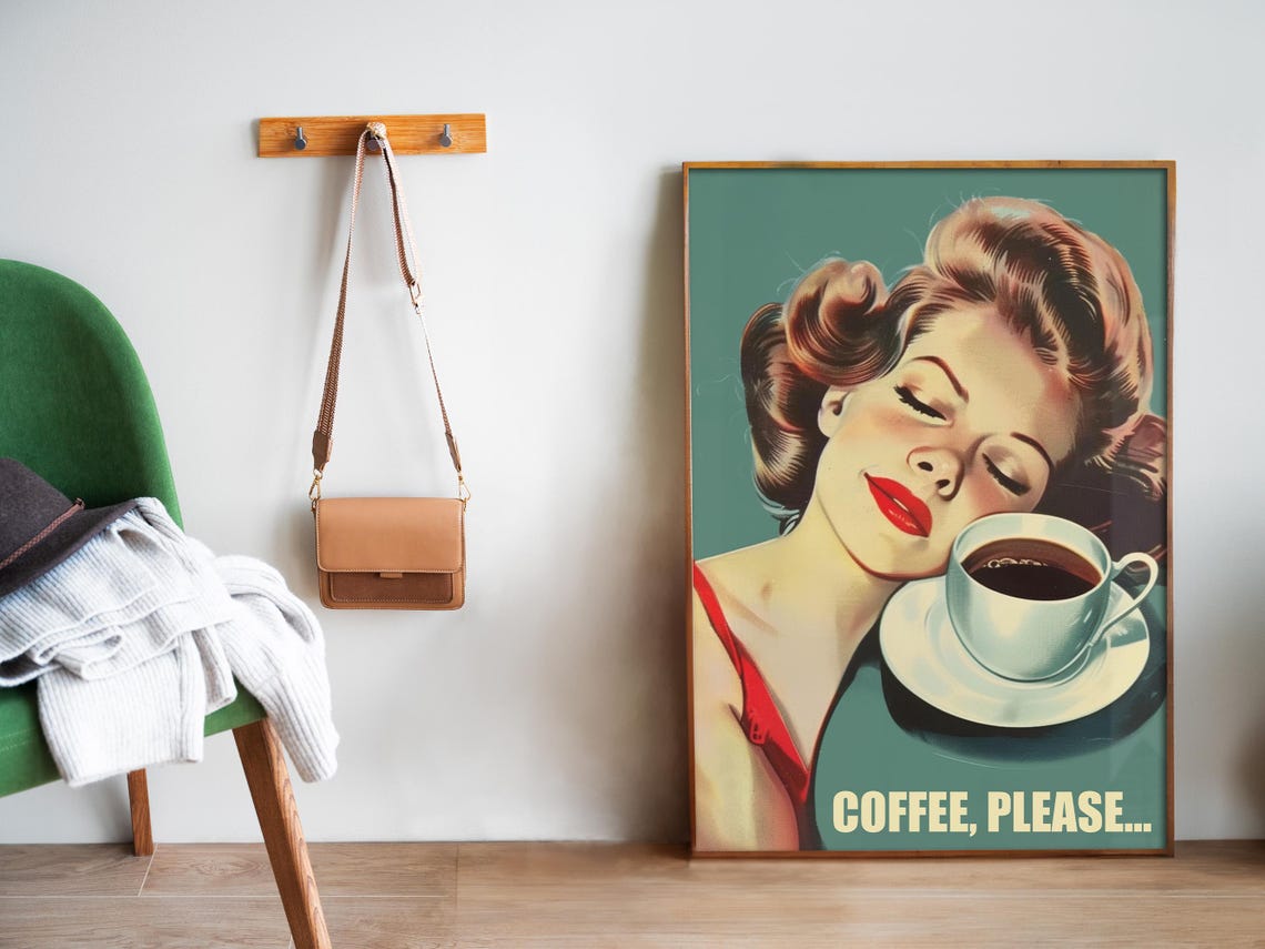 Coffee Please Retro Pinup Woman Dreamy Teal Kitchen Wall Poster - Image 5