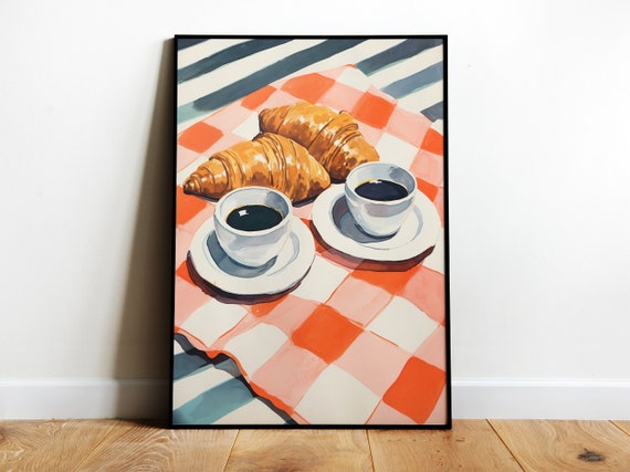 Retro Breakfast Poster Coffee And Croissant Print Pastry Poster Kitchen Wall Art Retro Food Trendy Food Wall Art Coffee Poster