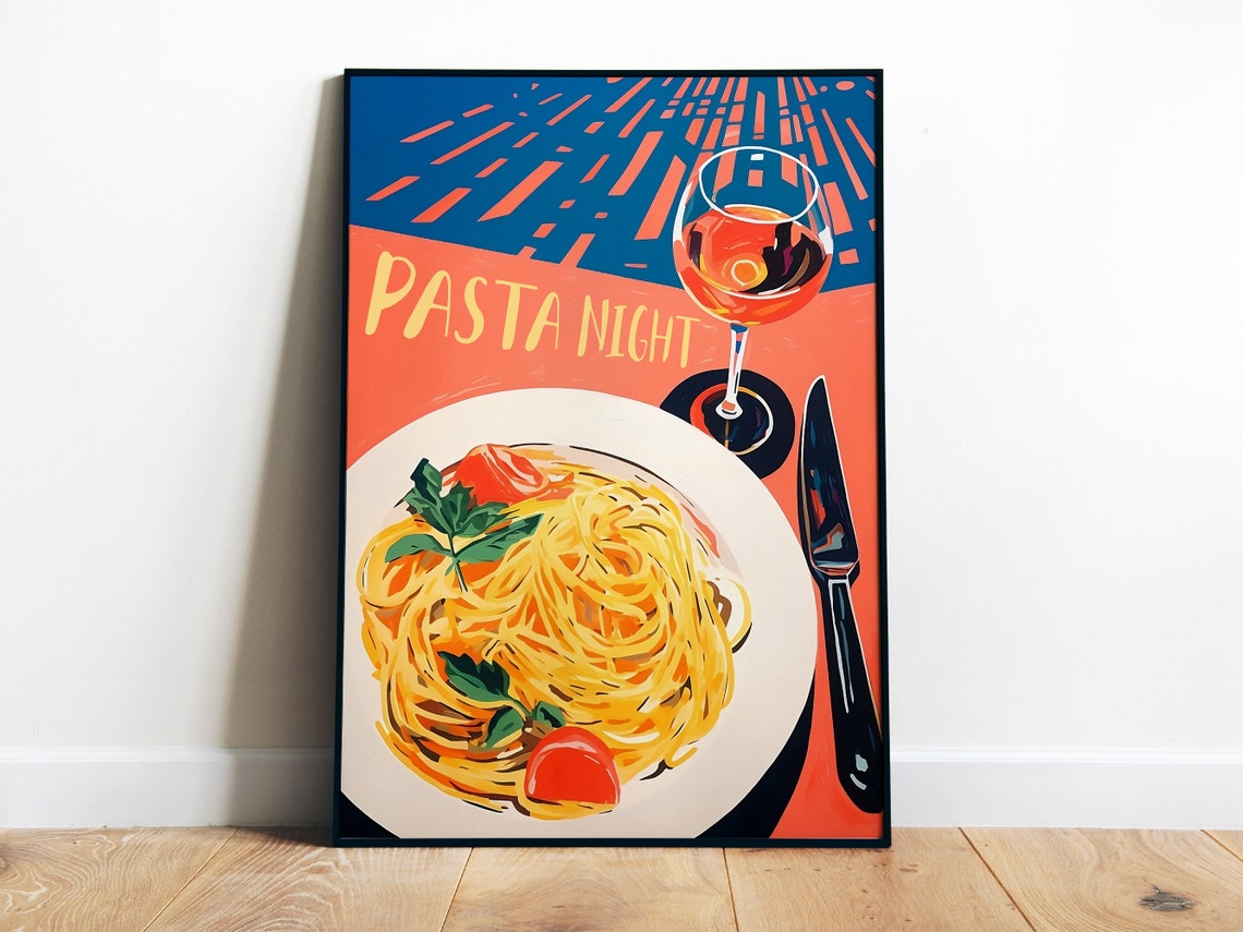 Pasta Night Italian Spaghetti Wine Dinner Kitchen Art Poster