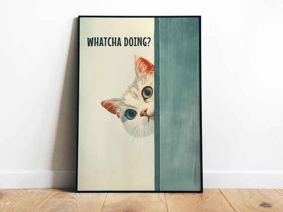 Funny Bathroom Cat Toilet Art Print, Blue Toilet