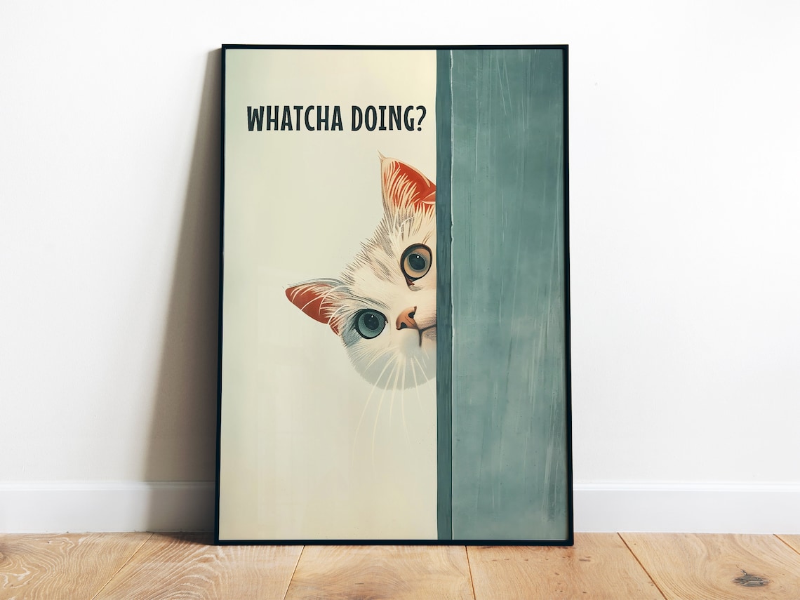 Funny Bathroom Cat Toilet Art Print, Blue Toilet