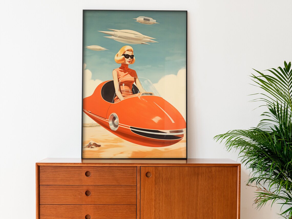 Woman In Orange Flying Car Bold Retro Futurism Sci Fi Art Poster - Image 3