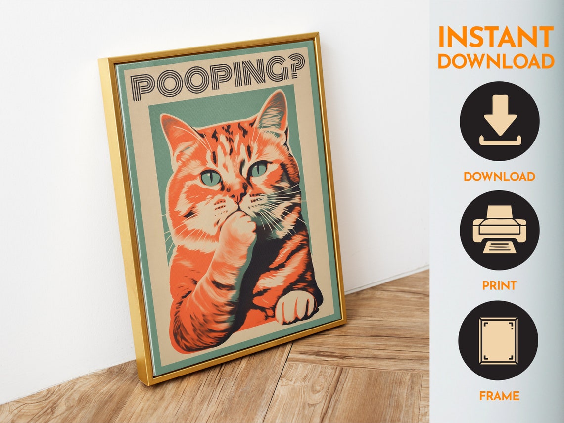 Pooping Funny Orange Tabby Cat Thinking Pose Retro Teal Frame Poster - Image 6