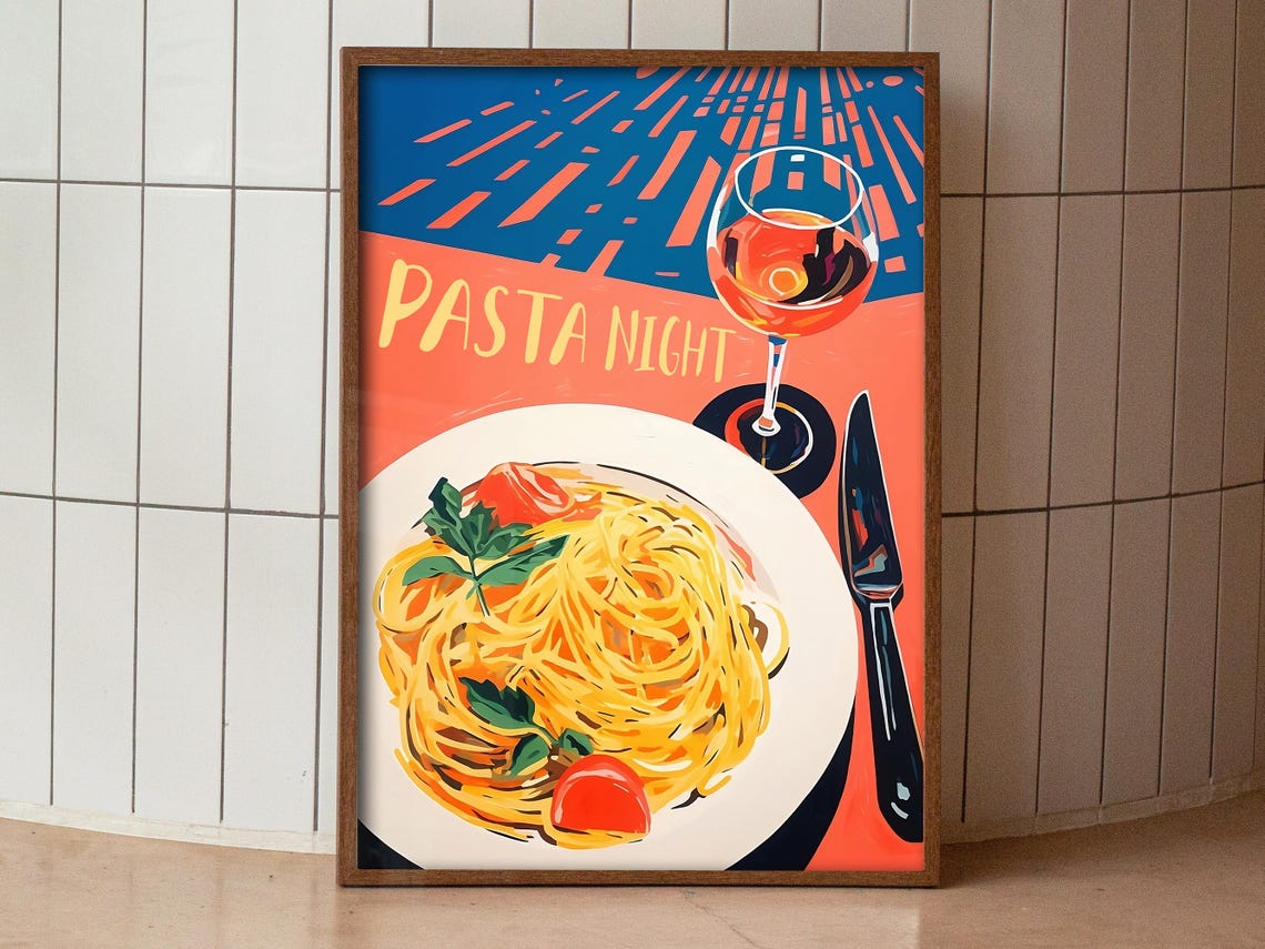 Pasta Night Italian Spaghetti Wine Dinner Kitchen Art Poster - Image 3