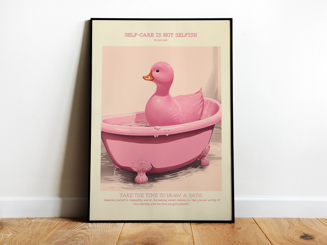 Retro Rubber Duck Bathroom Print, Vintage Pink Decor