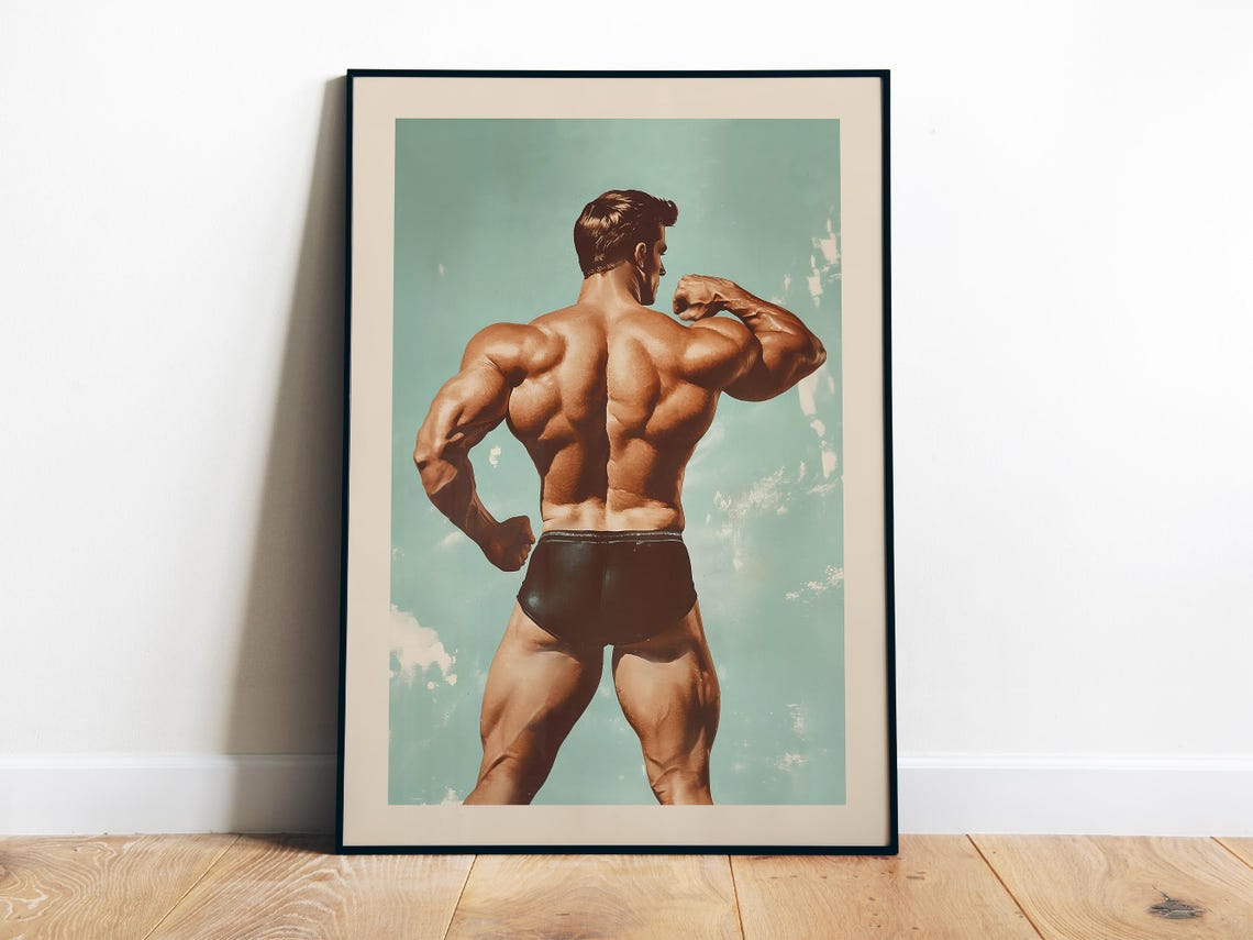 Retro Bodybuilder Flexing Muscles Vintage Gym Fitness Art Poster