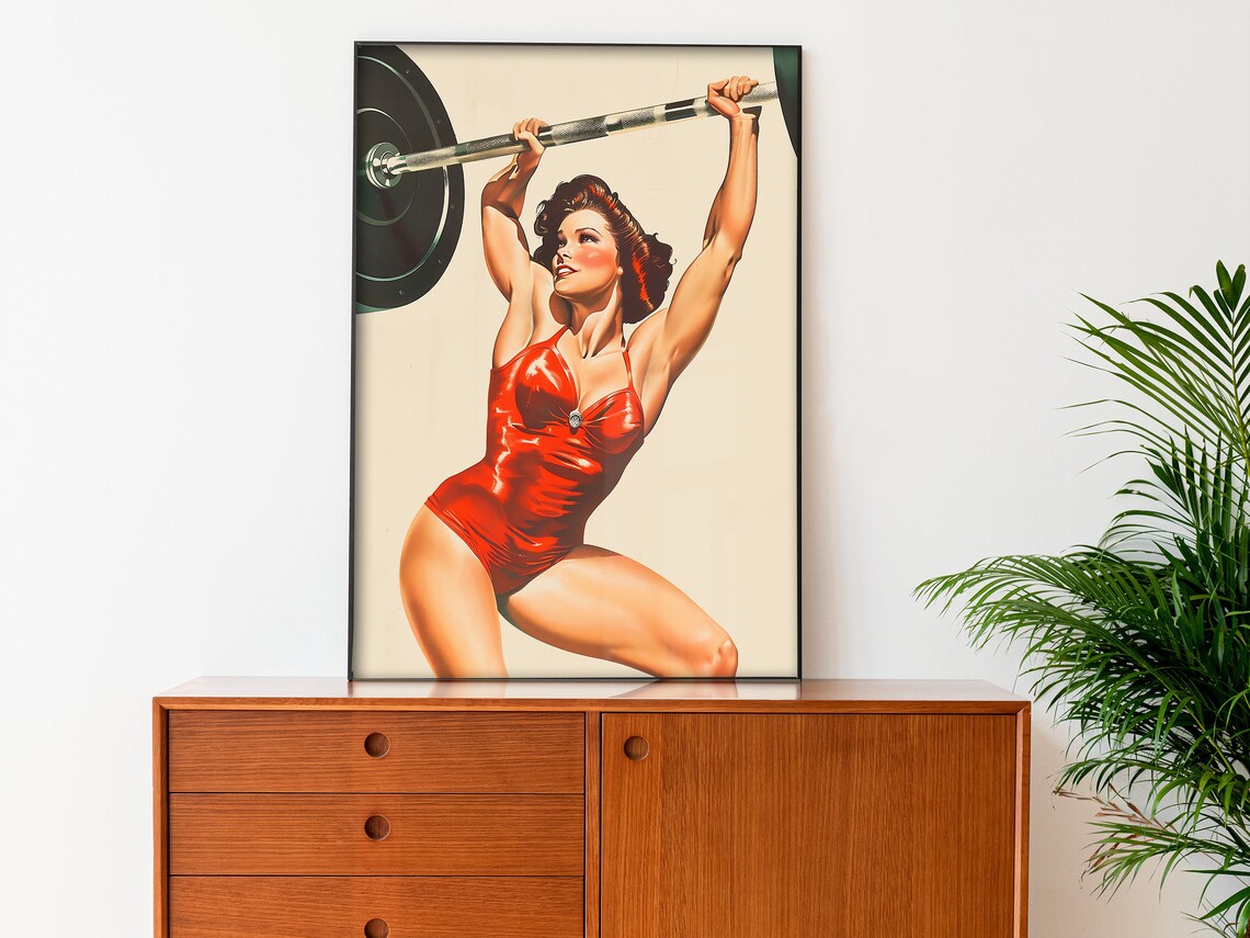 Retro Pin Up Woman Barbell Press Vintage Gym Fitness Art Poster - Image 3