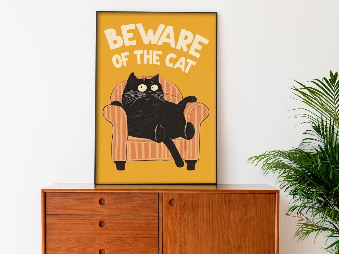 Beware Of The Cat Funny Black Cat Armchair Retro Yellow Poster Art - Image 2