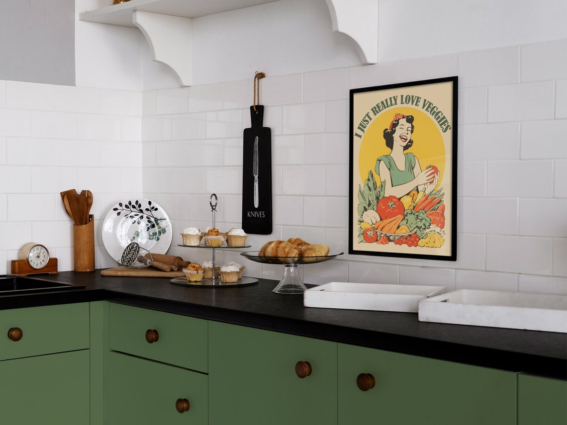 I Just Really Love Veggies Retro Woman Vegetable Basket Kitchen Poster - Image 2