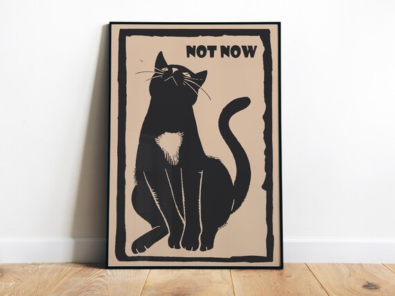 Not Now Grumpy Black Cat Retro Linocut Funny Attitude Cat Poster