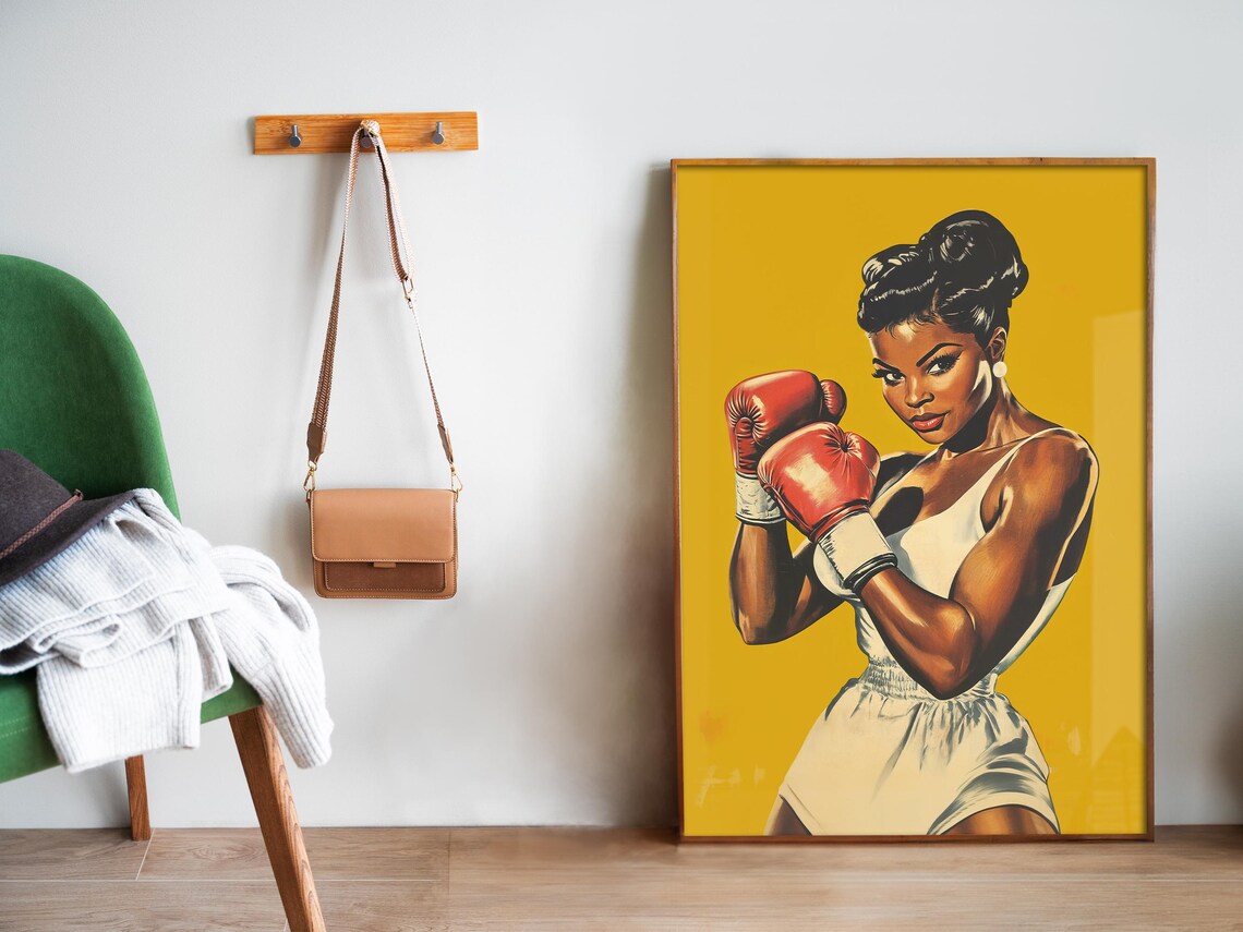 Female Boxer Print Boxing Wall Art Yellow Gym Art Prints Black Woman Retro Home Gym Wall Decor Working Out Art Print Sports Art - Image 5