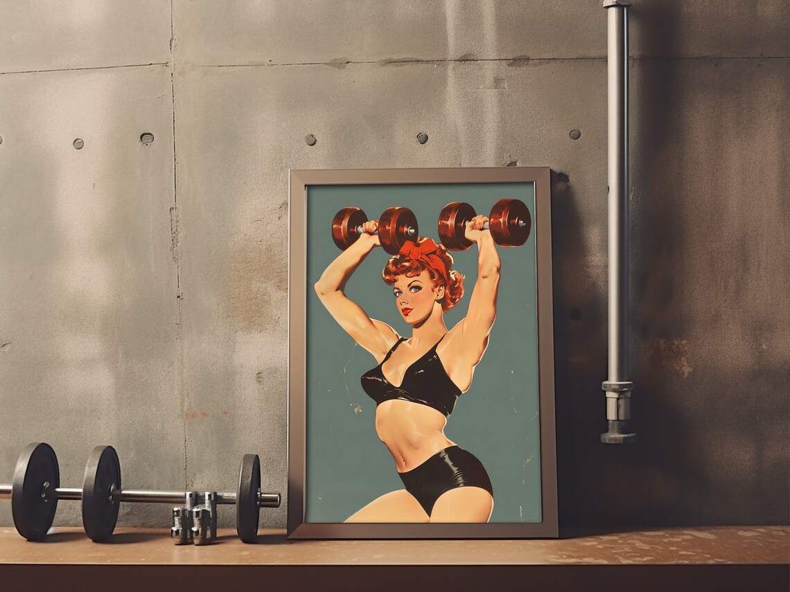 Strong Woman Lifting Dumbbells Retro Pin Up Gym Motivation Wall Poster - Image 4