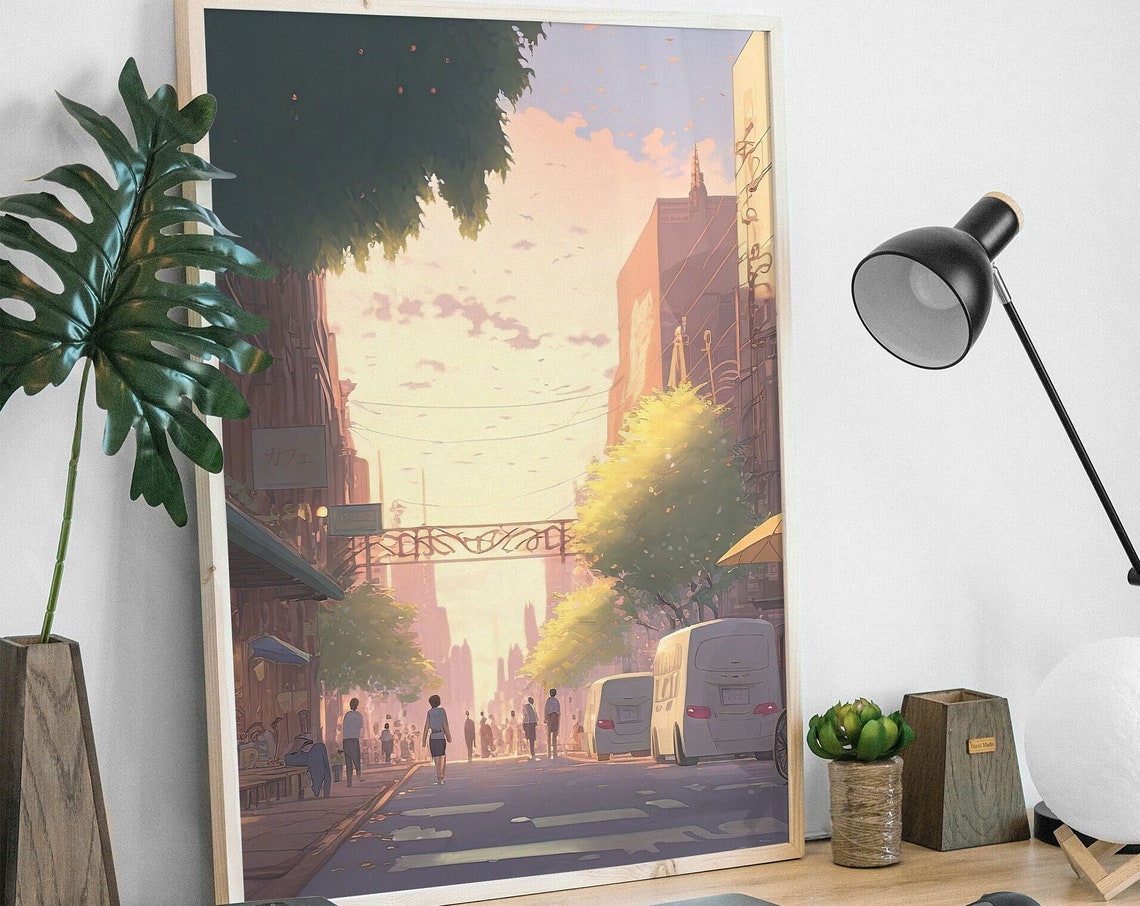 Anime City Street at Golden Hour With Cafe and Warm Sunlight Poster - Image 2