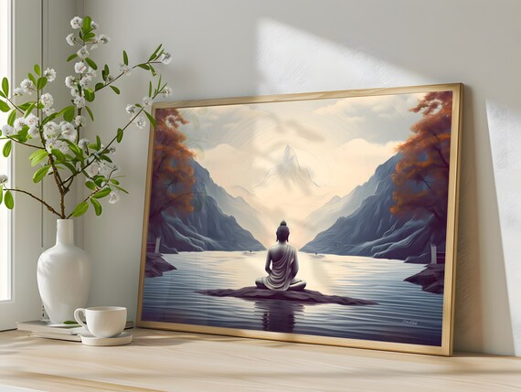 Buddha Meditating Mountain Lake Zen Peaceful Landscape Art Poster