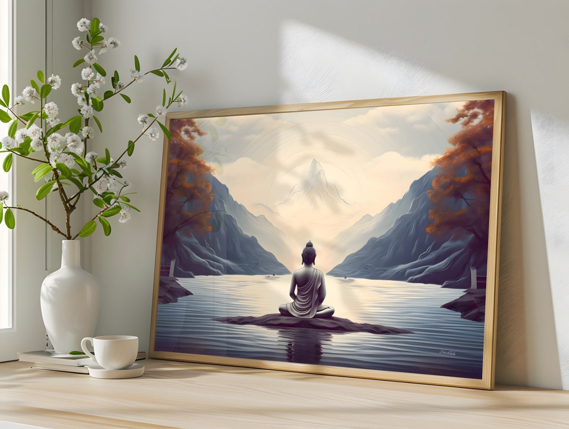 Buddha Meditating Mountain Lake Zen Peaceful Landscape Art Poster
