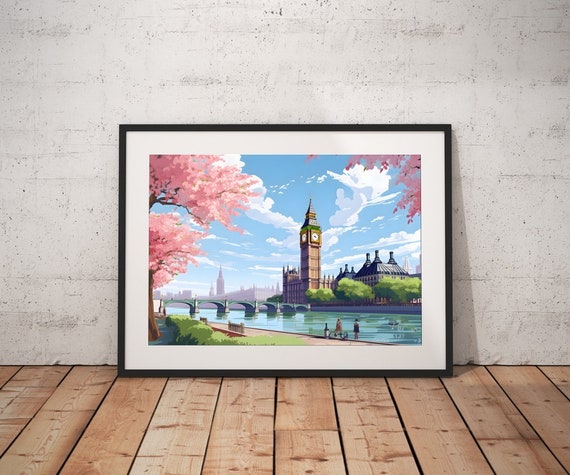 Premium Poster Big Ben And London Landscape Format Cherry Tree Unframed Blue And Pink Poster With England Theme In Light Line Drawing