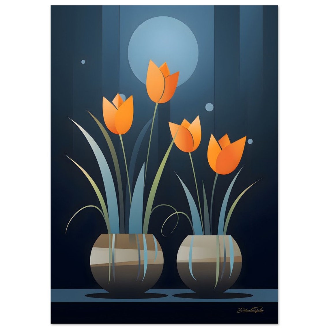 Orange Tulips Night Garden Moonlit Navy Floral Wall Decor Poster - Image 3