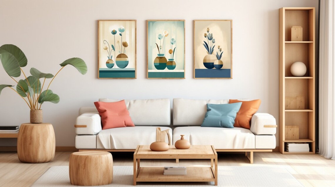 Whimsical Teal Gold Flowers Striped Vases Still Life Wall Decor Poster - Image 2