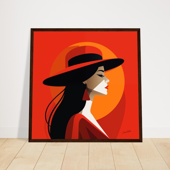 Red Lady With Hat Sunset Geometric Vintage Fashion Art Poster