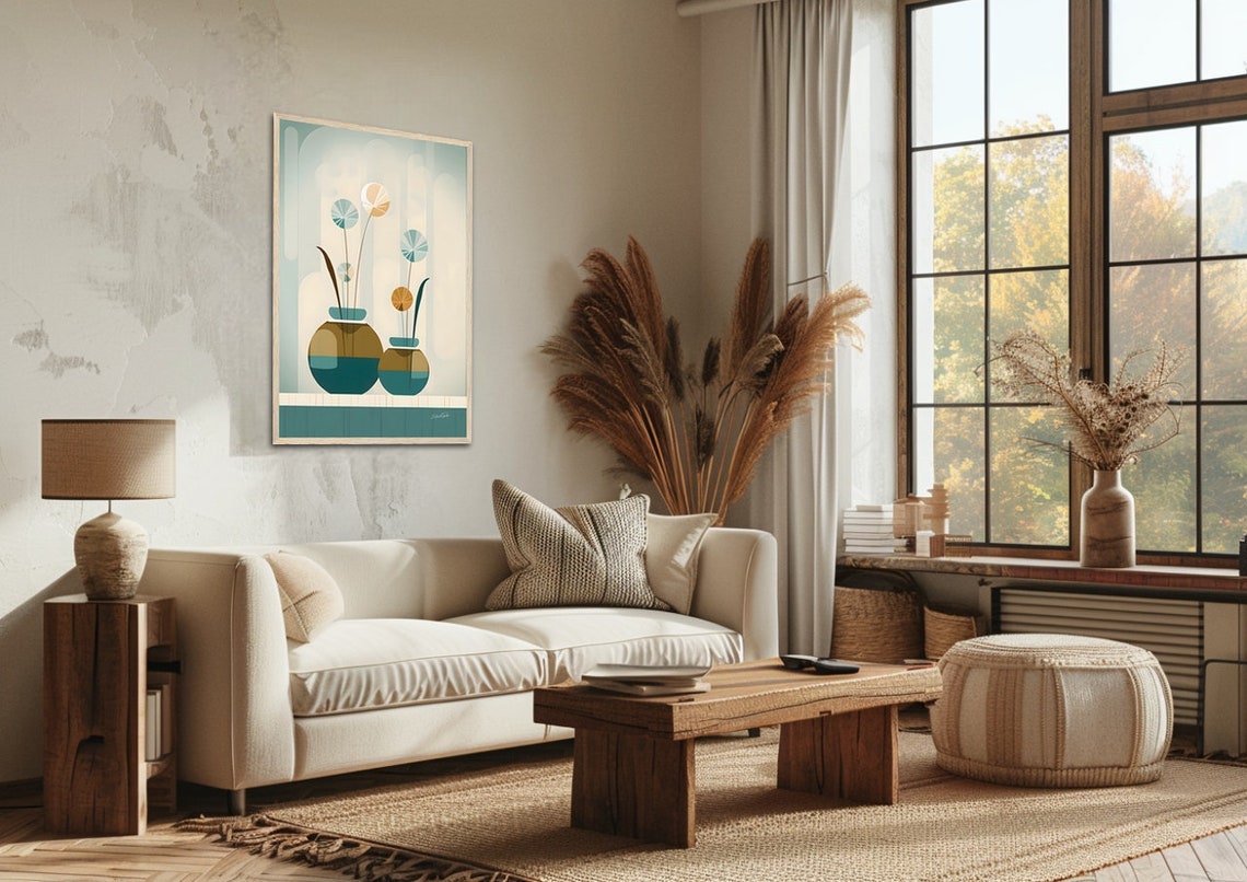 Teal Ceramic Vases Stylized Blossoms Modern Botanical Poster - Image 2