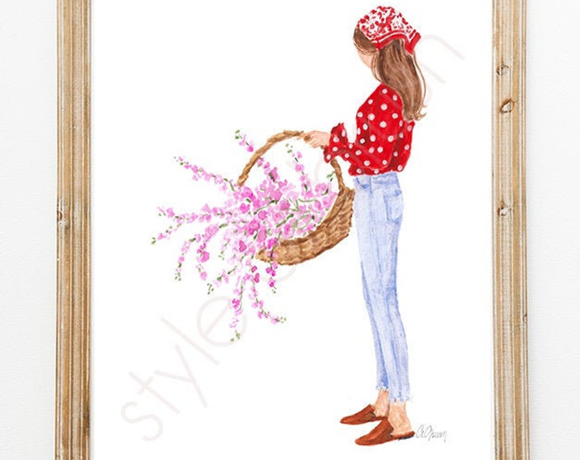 Woman in Red Polka Dot Blouse with Basket of Pink Blossoms Poster