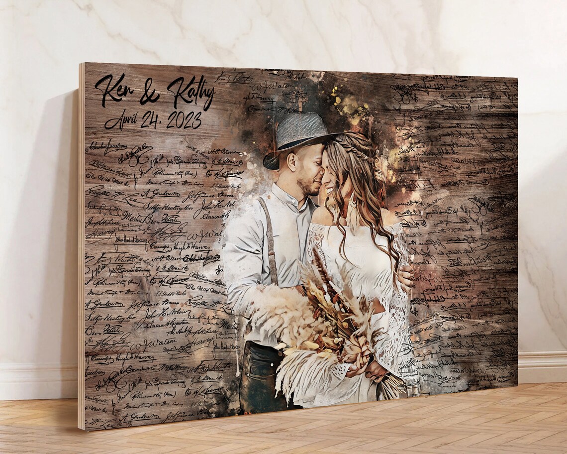 Wedding Guest Book Sign Signatures Couple Portrait Dark Wood Poster - Image 3