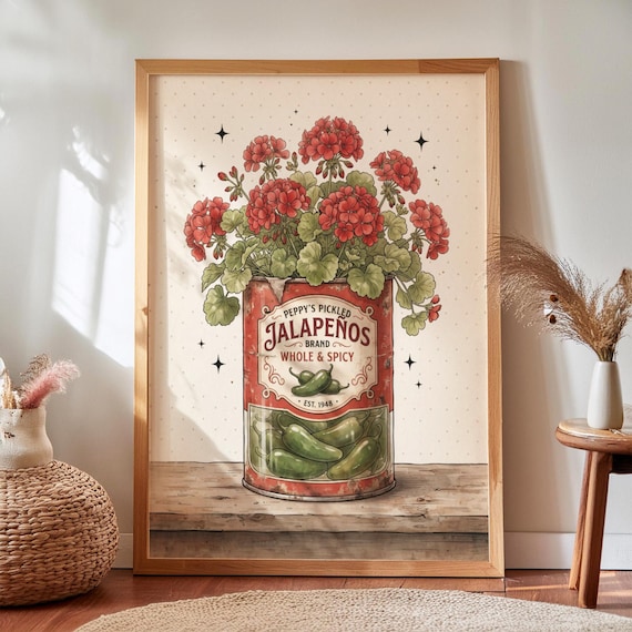 Peppys Pickled Jalapeños Vintage Can Geranium Flowers Poster