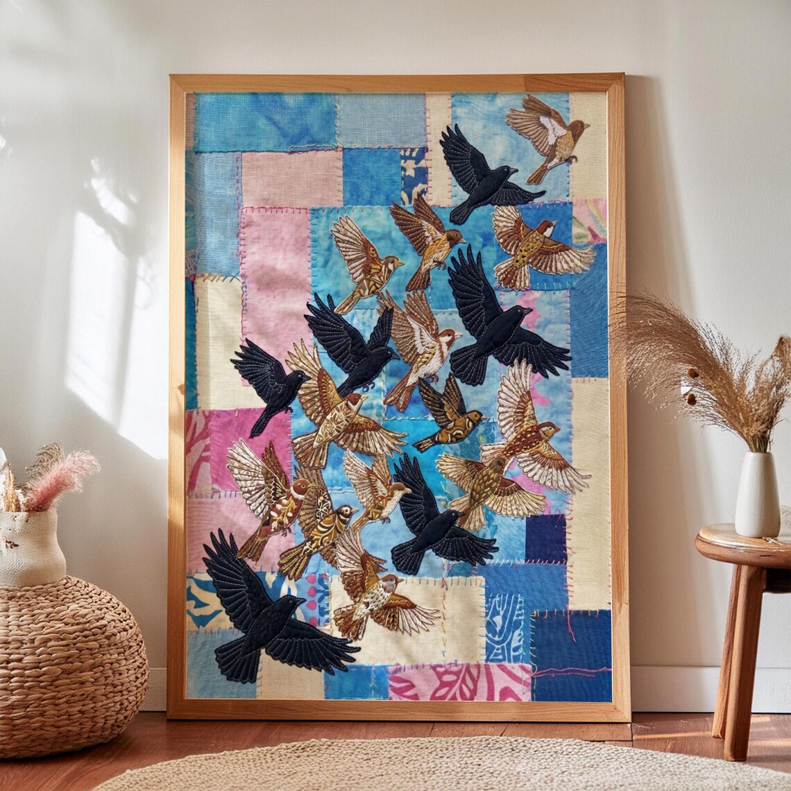 Whimsical Crane Textile Art Print Colorful Folk Scandinavian Decor Digital Download