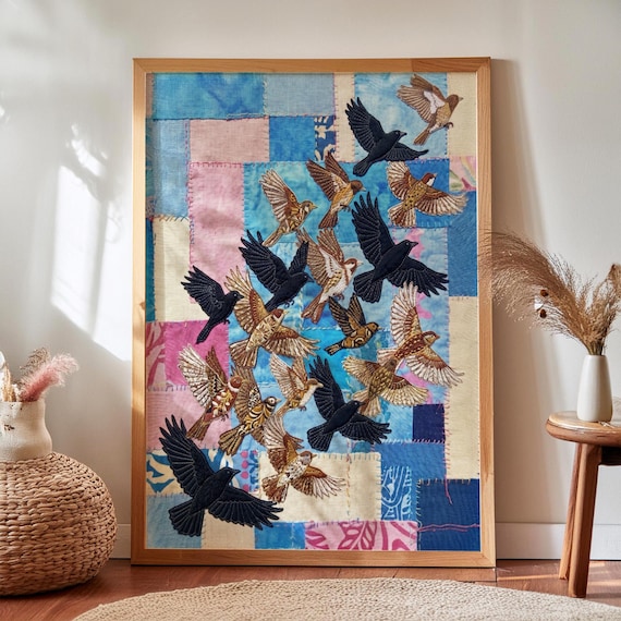 Whimsical Crane Textile Art Print Colorful Folk Scandinavian Decor Digital Download