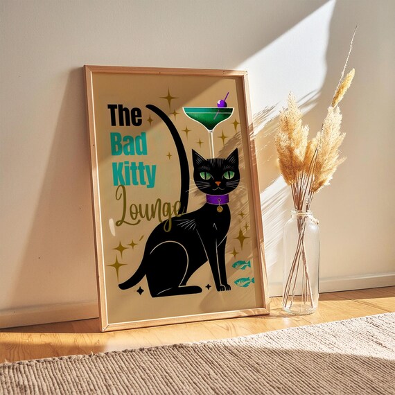 Mid Century Modern Cat Art Print Bad Kitty Lounge Digital Download