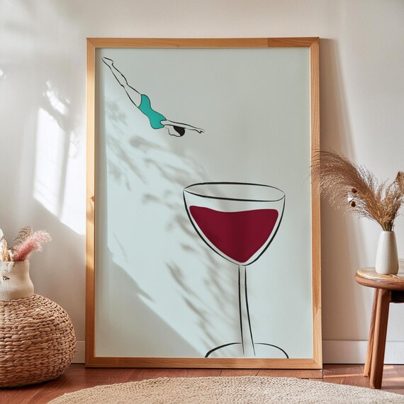 Diving Into Wine Glass Print Retro Bar Cart Art Digital Download