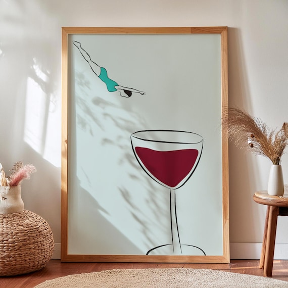 Diving Into Wine Glass Print Retro Minimalist Line Art Bar Cart Room Decor