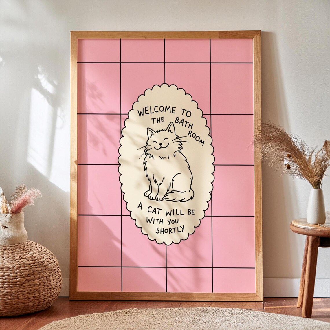 Funny Cat Bathroom Print Pink Quirky Wall Art Digital Download