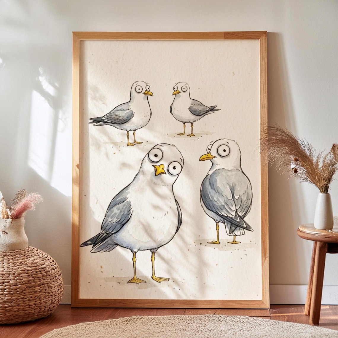 Four Funny Wide Eyed Seagulls Watercolor Coastal Bird Poster