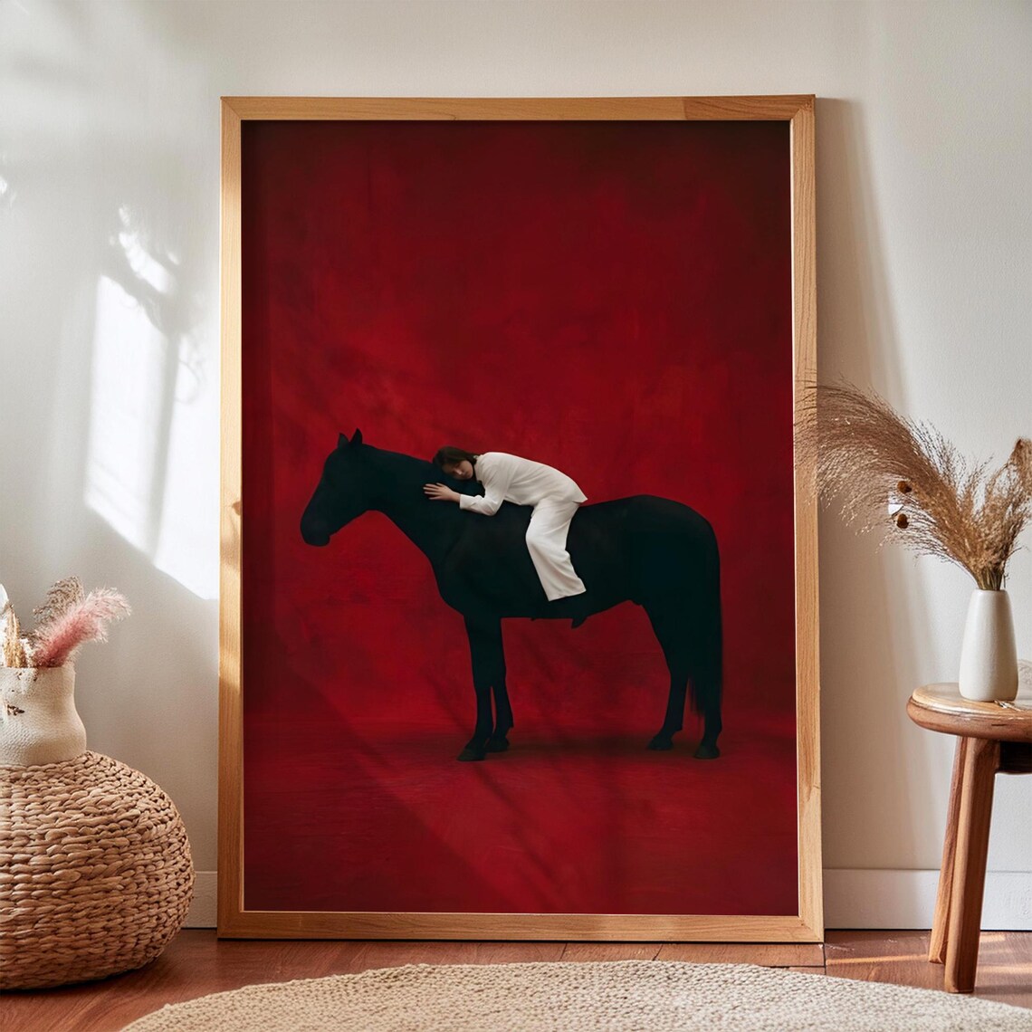 Woman Resting On Black Horse Against Deep Red Burgundy Oil Painting Poster