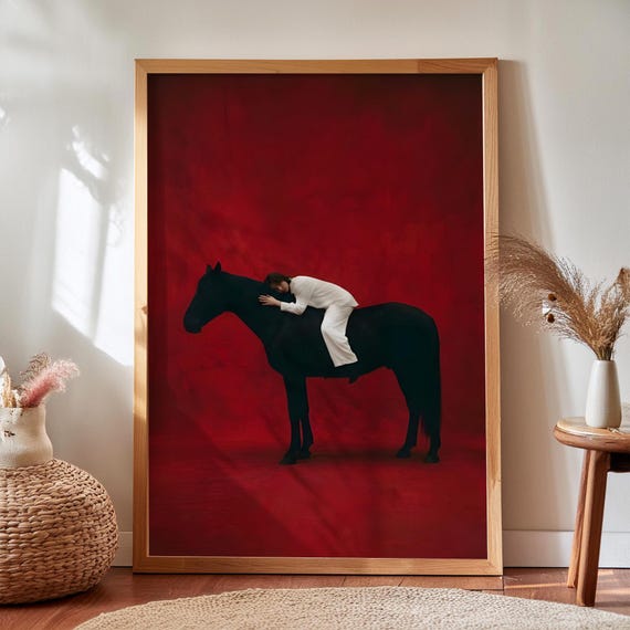 Abstract Girl Horse Oil Painting Print Burgundy Red Western Wall Art Digital Download
