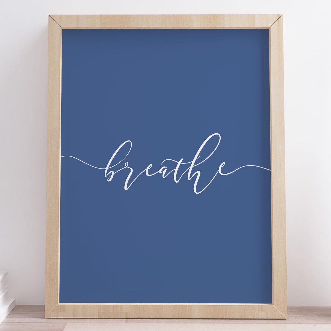 Breathe White Script Navy Blue Meditation Yoga Calm Mindfulness Poster