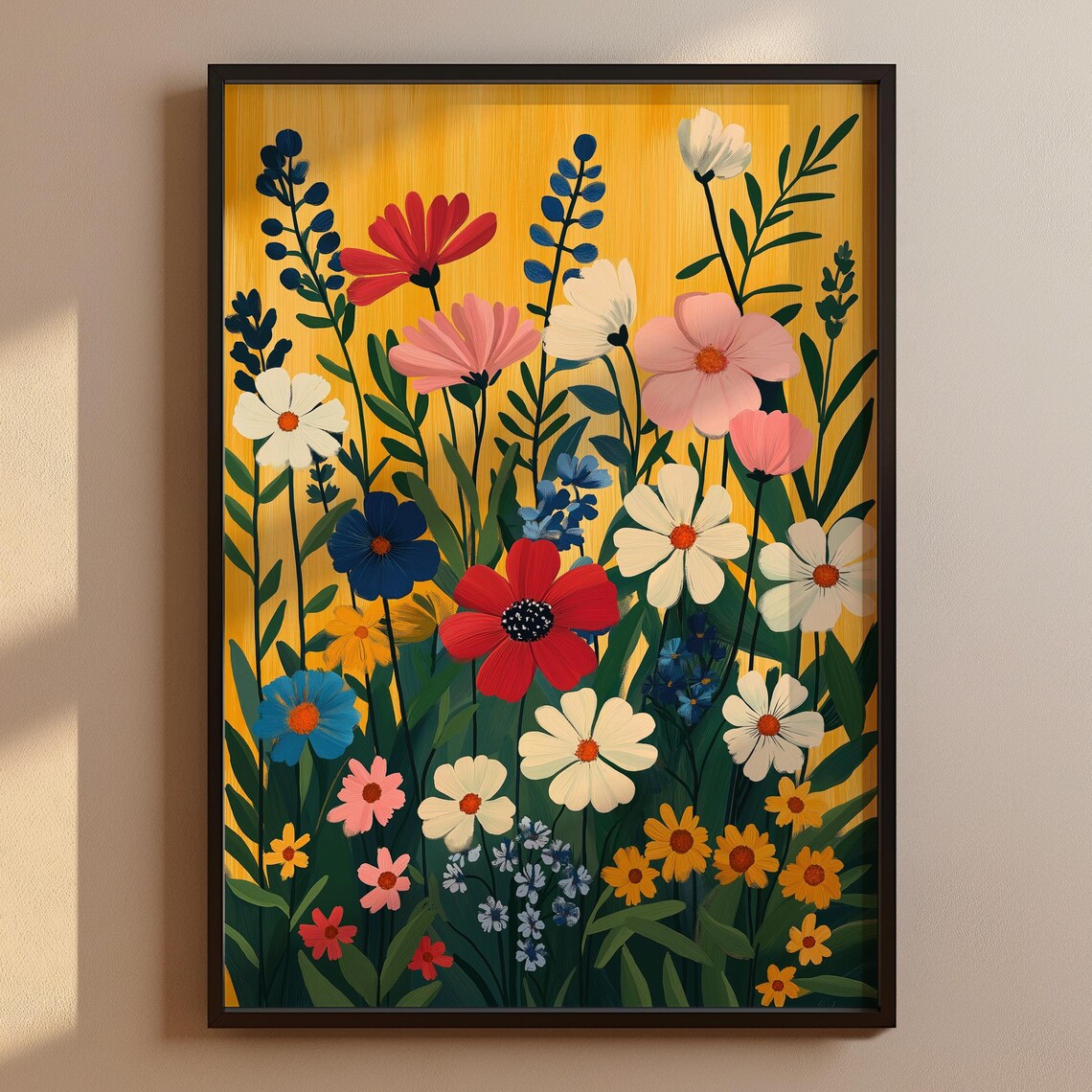Colorful Wildflower Garden Yellow Background Floral Art Poster