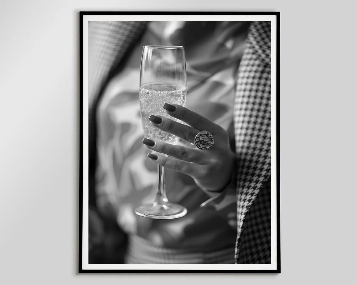 Black And White Woman Champagne Flute Elegant Photo Print Art - Image 2