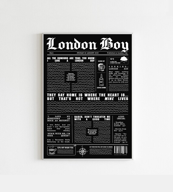 London Boy Newspaper Style Lover Song Lyrics Retro Tabloid Poster