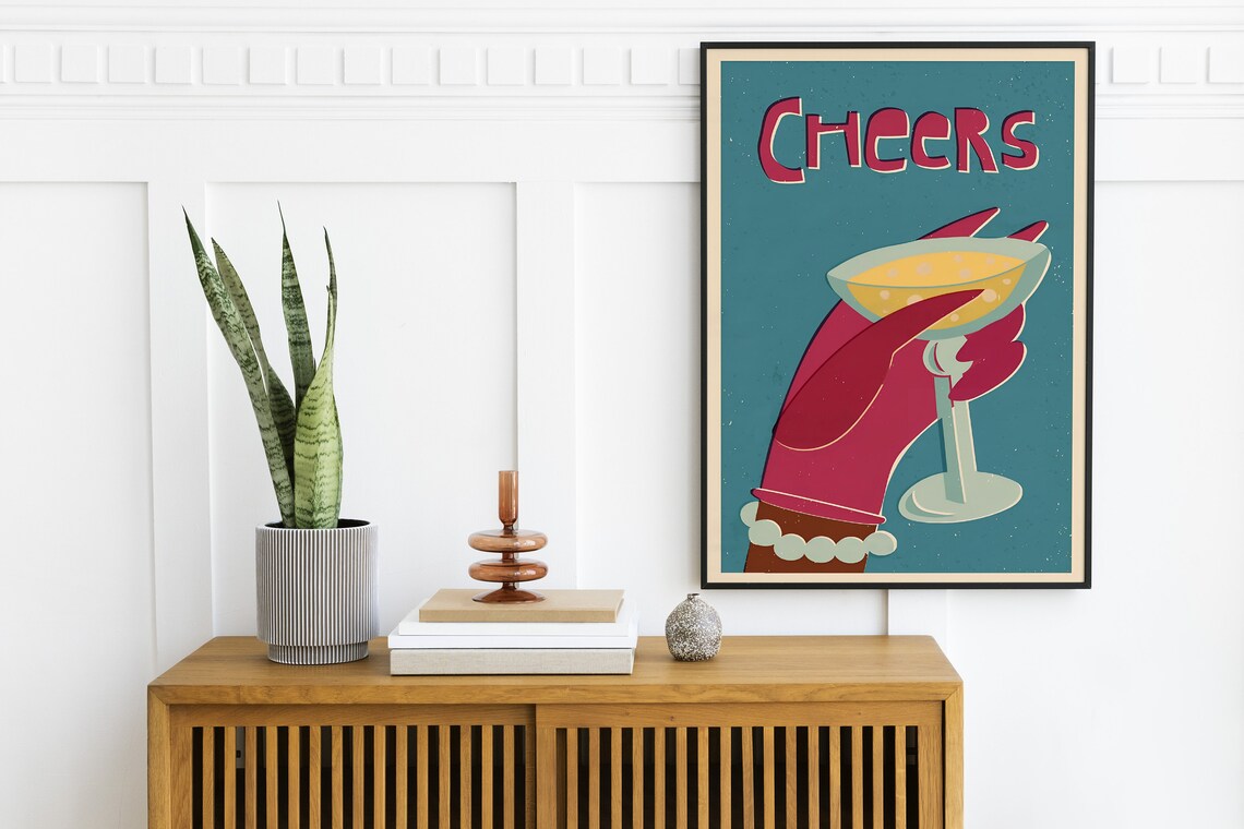 Cheers Champagne Coupe Retro Gloved Hand Bar Cart Party Poster - Image 2
