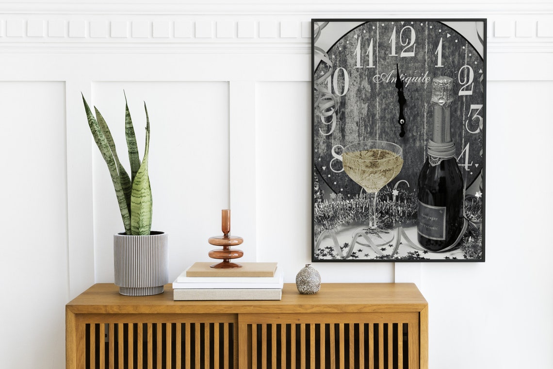 Vintage Clock Near Midnight Champagne Bottle New Year Photo Poster - Image 2