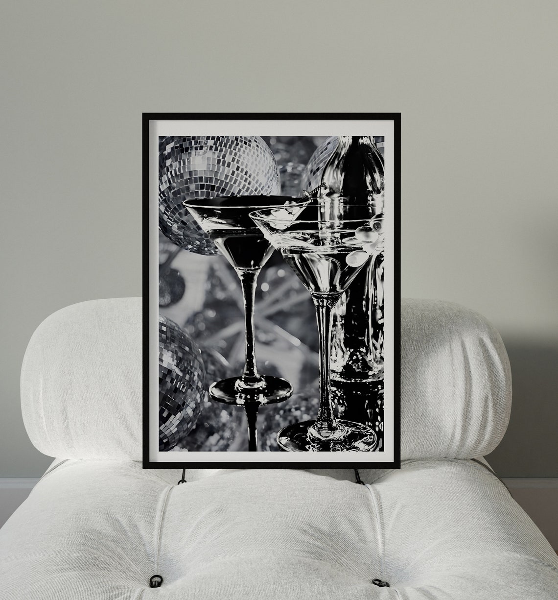 Black White Martini Glasses Disco Balls Bar Cart Photo Poster