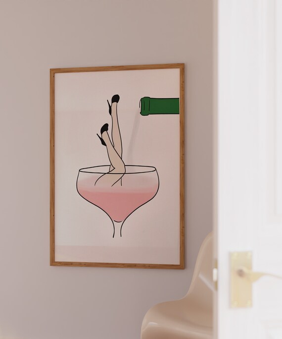 Champagne Coupe Legs Pink Line Art Girly Bar Cart Decor Poster