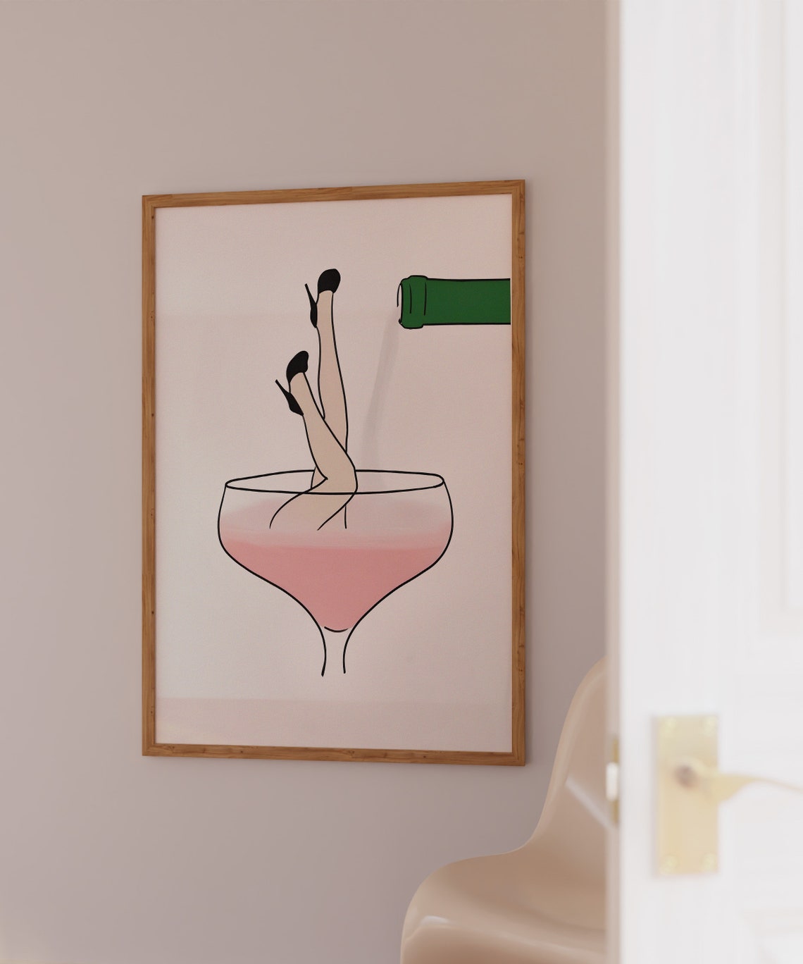 Champagne Coupe Legs Pink Line Art Girly Bar Cart Decor Poster